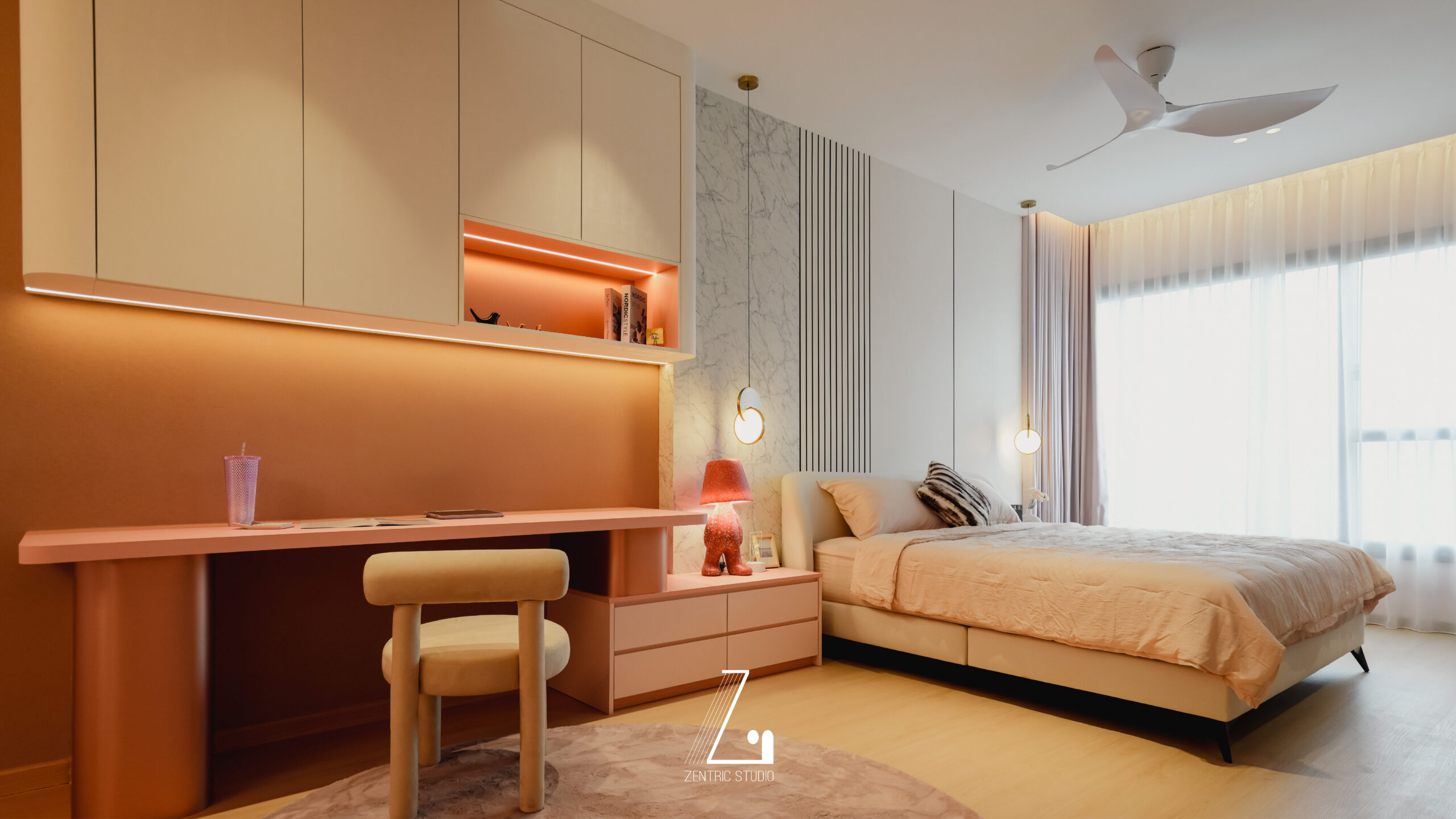 A comfortable masterbedroom with bedhead panel using the exquisite Catalyste material. Visual comfort and calmness in Kaleidoscope. (Allevia Mont Kiara)